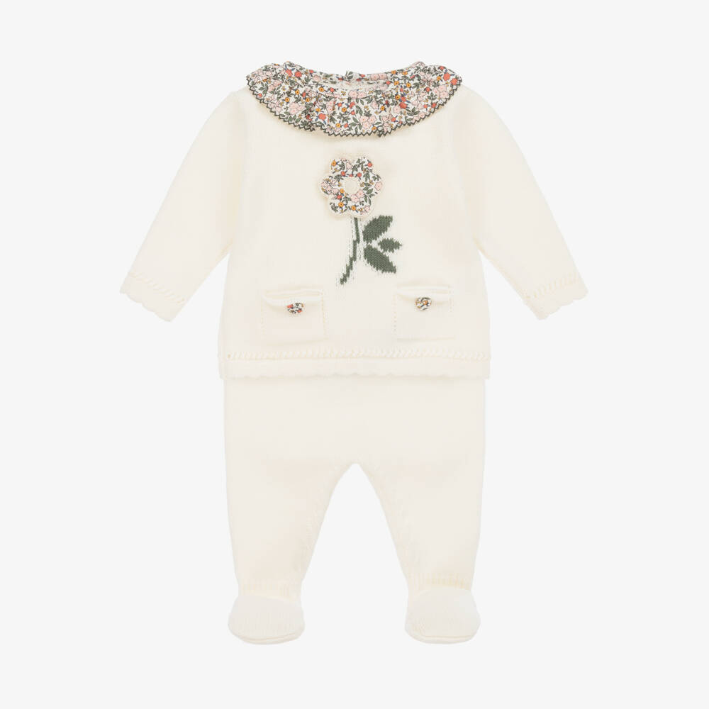 Dr. Kid-Girls Ivory Knit Floral Babygrow Set | Childrensalon Outlet