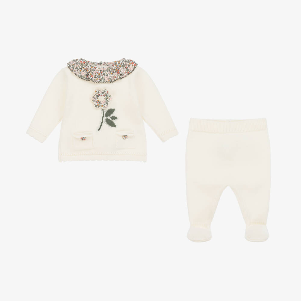 Dr. Kid-Girls Ivory Knit Floral Babygrow Set | Childrensalon Outlet