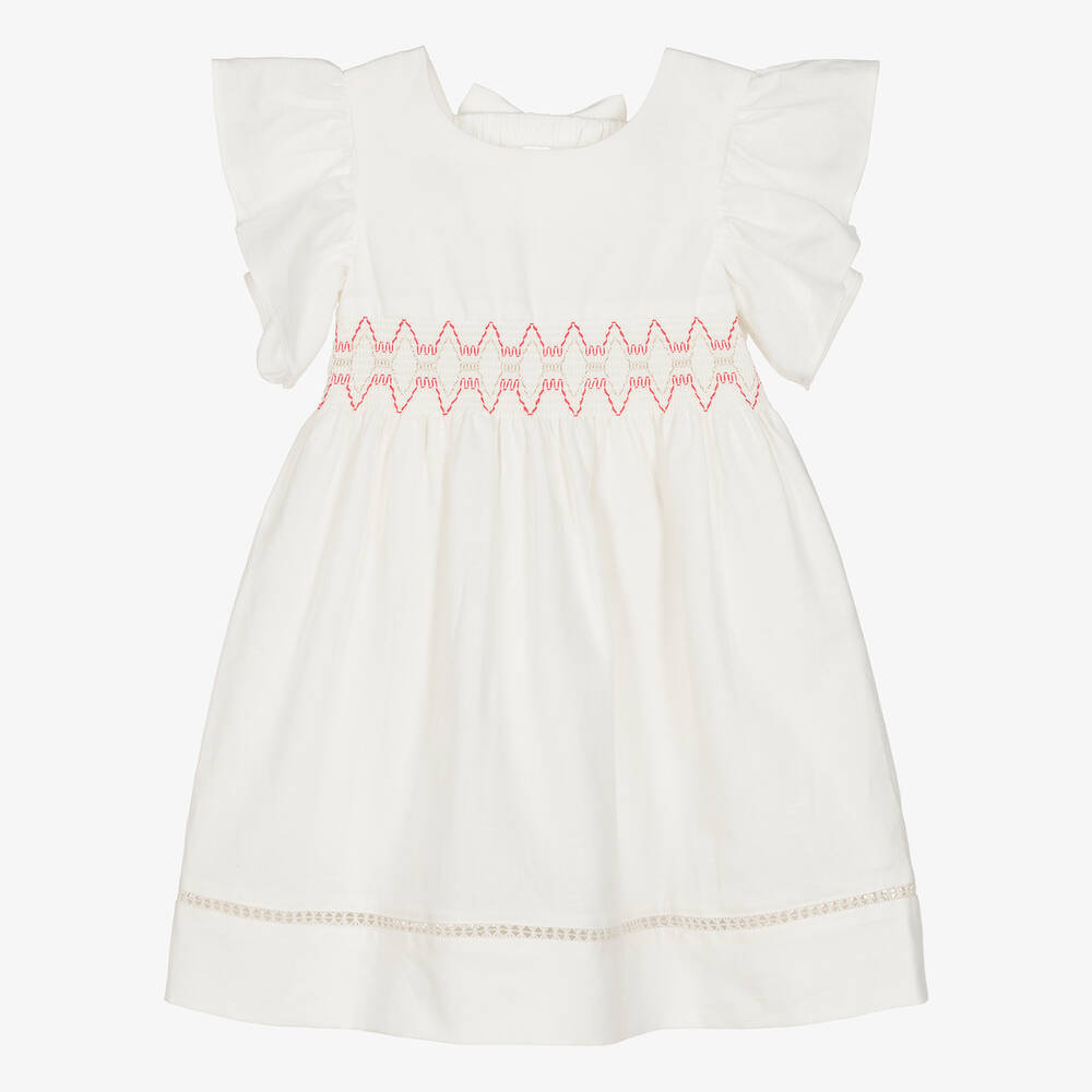 Dr. Kid-Girls Ivory Linen & Cotton Shirred Dress | Childrensalon Outlet