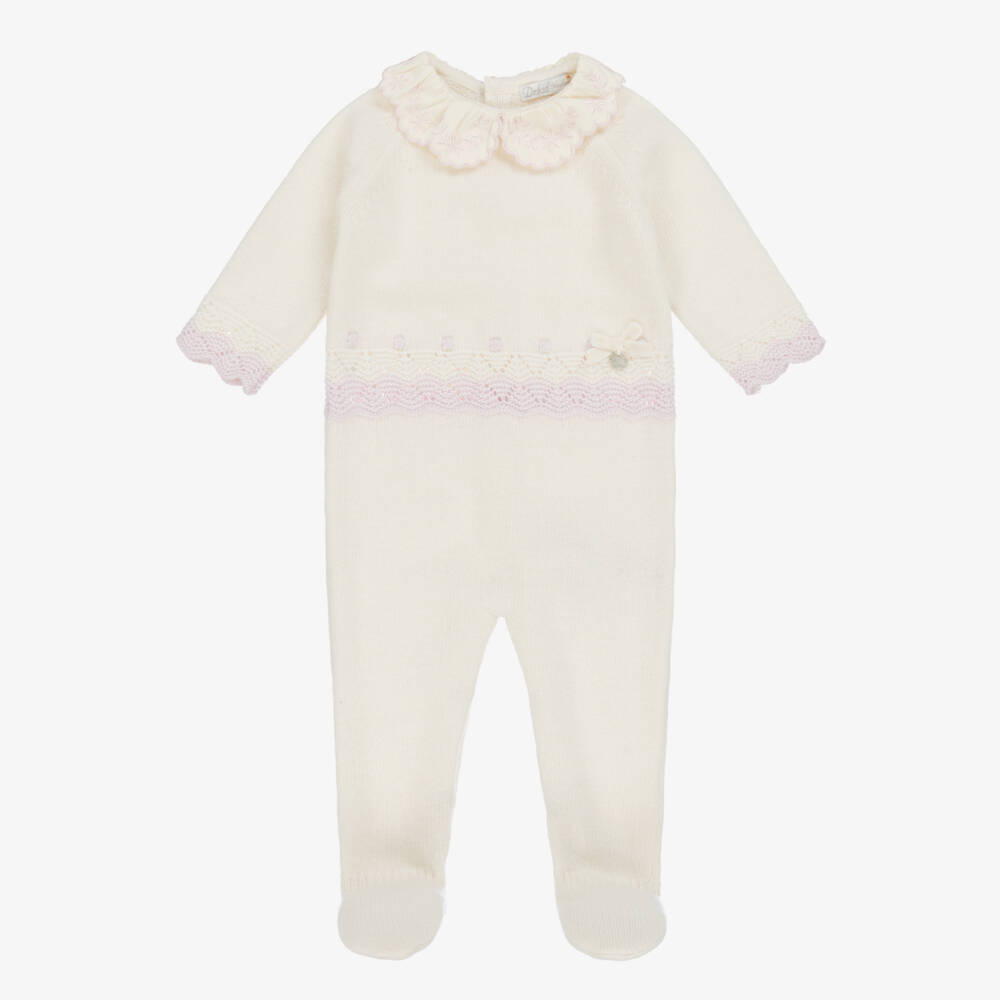 Dr. Kid-Girls Ivory & Pink Knitted Babygrow with Embroidered Collar | Childrensalon Outlet