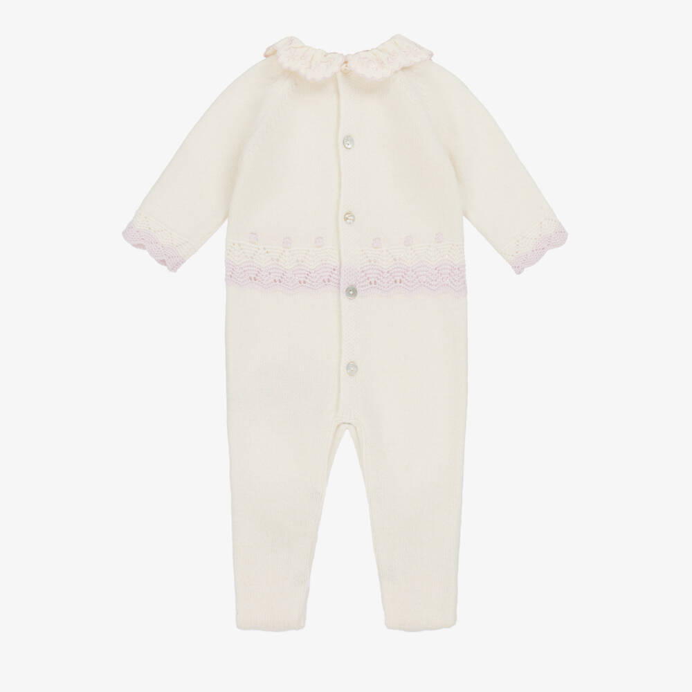 Dr. Kid-Girls Ivory & Pink Knitted Babygrow with Embroidered Collar | Childrensalon Outlet