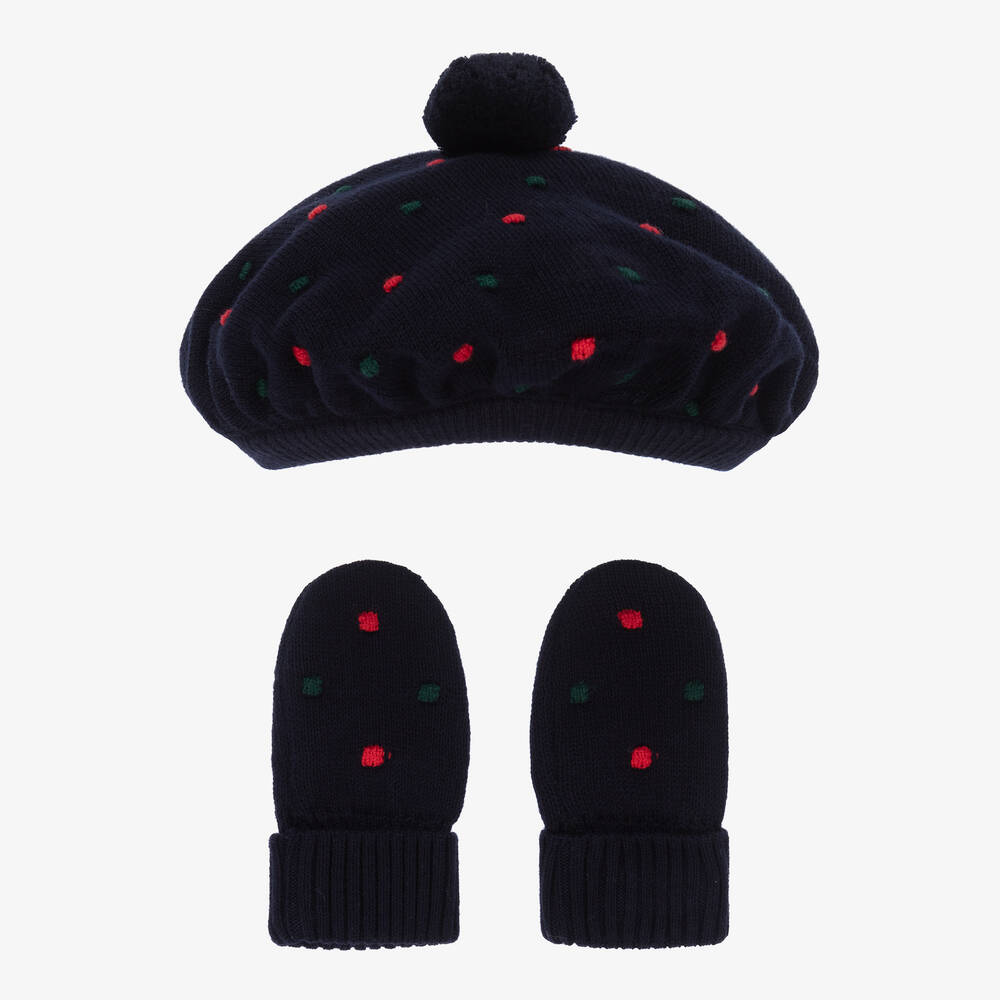 Girls Navy Blue Cotton Hat Mittens Set