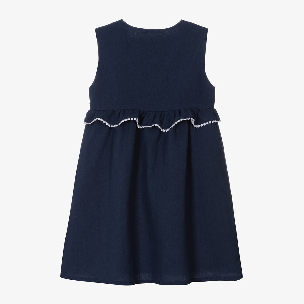 Dr. Kid-Girls Navy Blue Linen & Cotton Dress  | Childrensalon Outlet