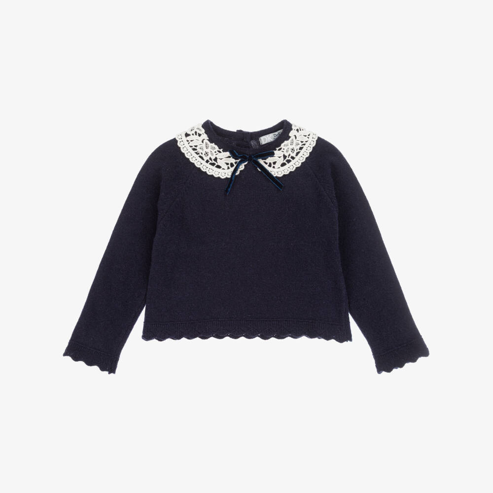 Dr. Kid-Girls Navy Blue Wool & Cotton Sweater with White Lace Collar | Childrensalon Outlet