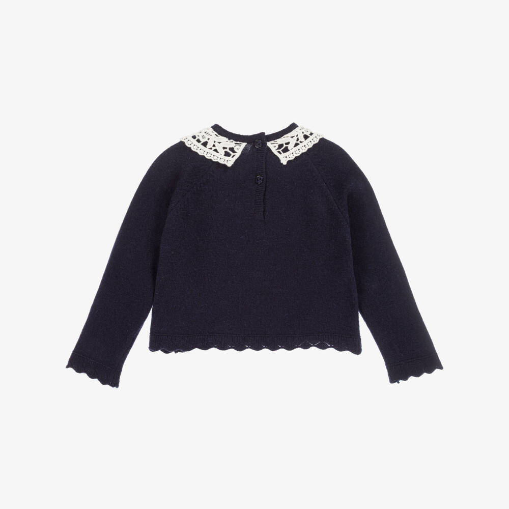 Dr. Kid-Girls Navy Blue Wool & Cotton Sweater with White Lace Collar | Childrensalon Outlet