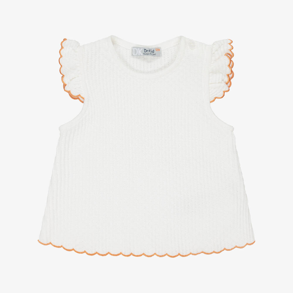 Dr. Kid-Girls Off-White Cotton Knit Top with Scalloped Hem | Childrensalon Outlet