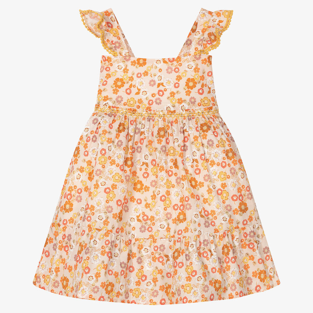 Dr. Kid - Robe orange en coton à fleurs fille | Childrensalon