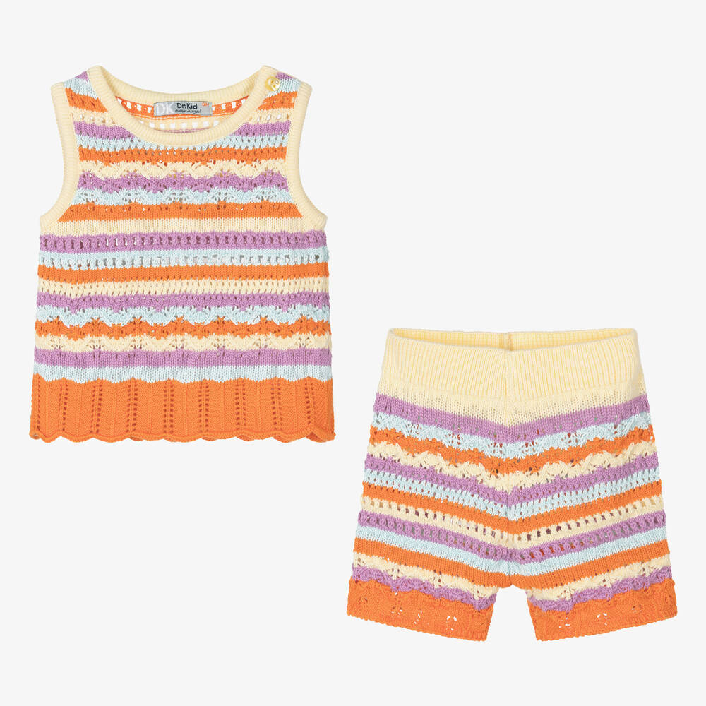 Dr. Kid-Girls Orange Striped Knitted Shorts Set | Childrensalon Outlet