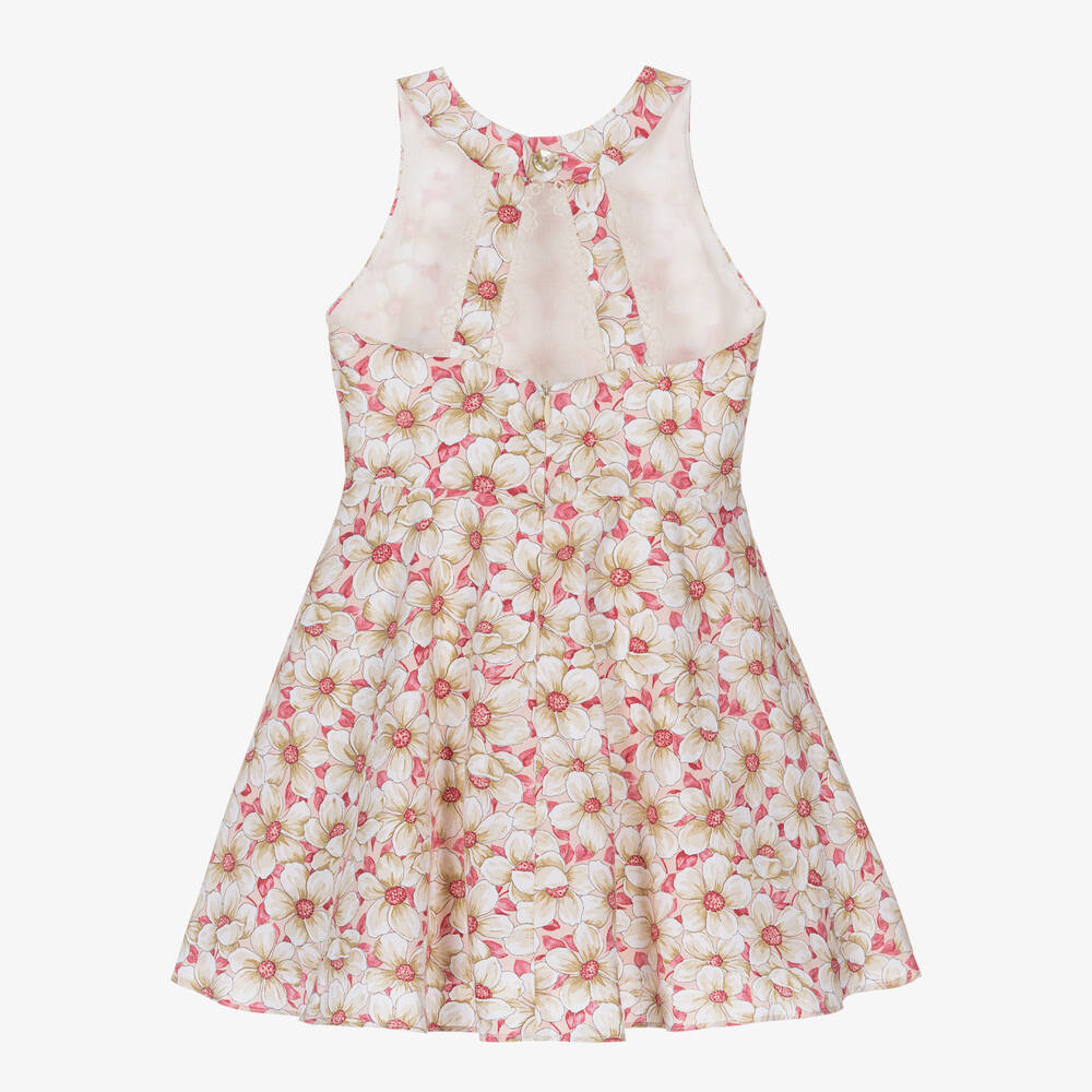 Dr. Kid-Girls Pink & Beige Cotton Floral Dress  | Childrensalon Outlet