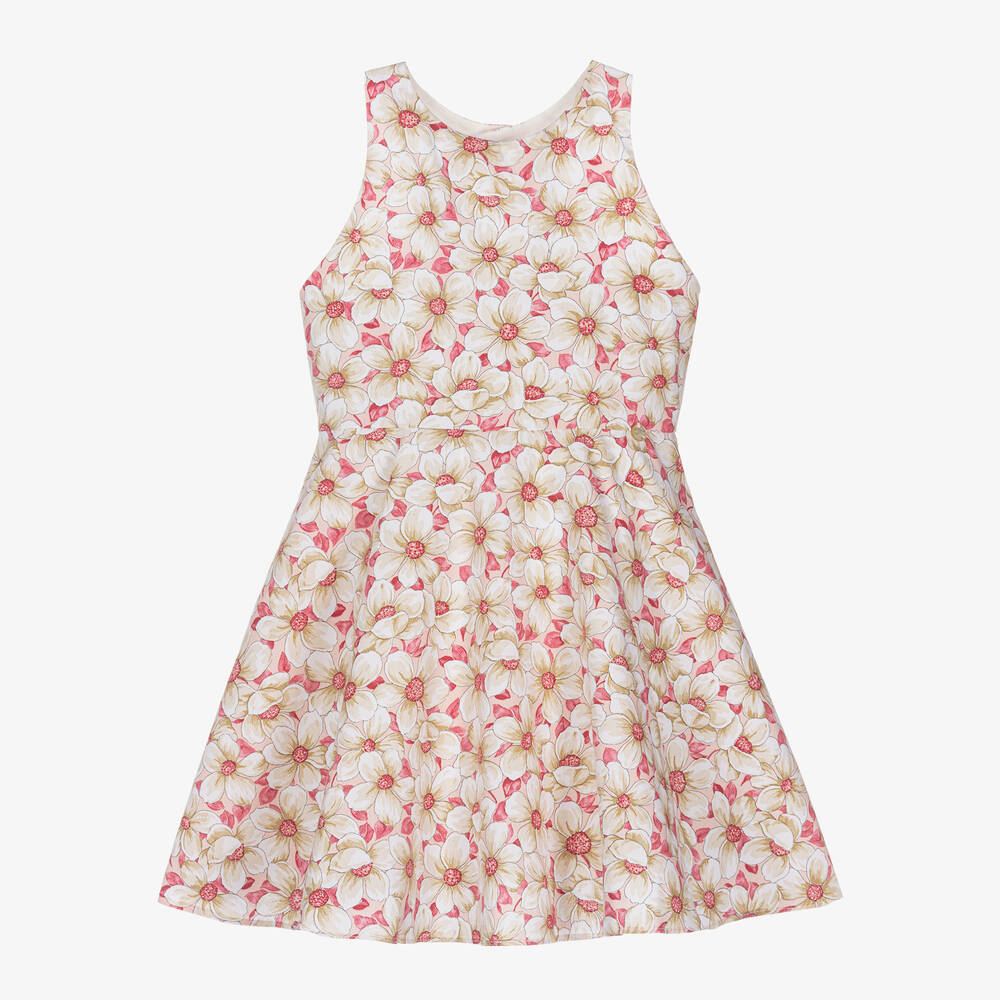 Dr. Kid-Girls Pink & Beige Cotton Floral Dress  | Childrensalon Outlet