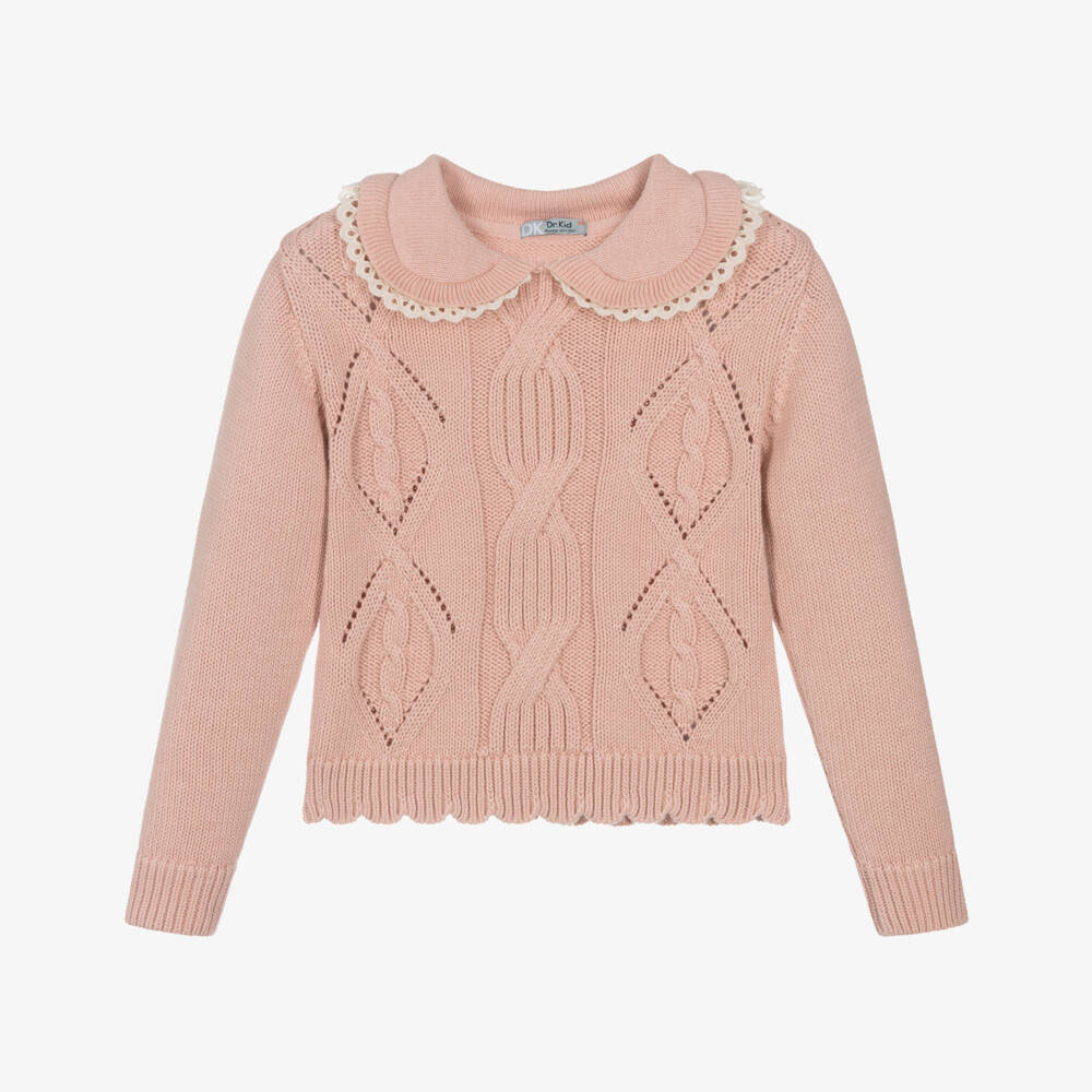 Dr. Kid-Girls Pink Cotton & Wool Cable Knit Jumper | Childrensalon Outlet
