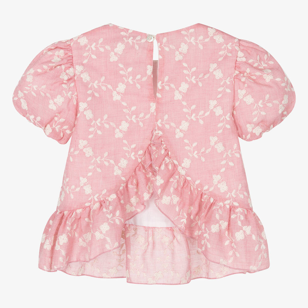 Dr. Kid-بلوزة قطن مطرز لون زهري وعاجي للبنات | Childrensalon Outlet