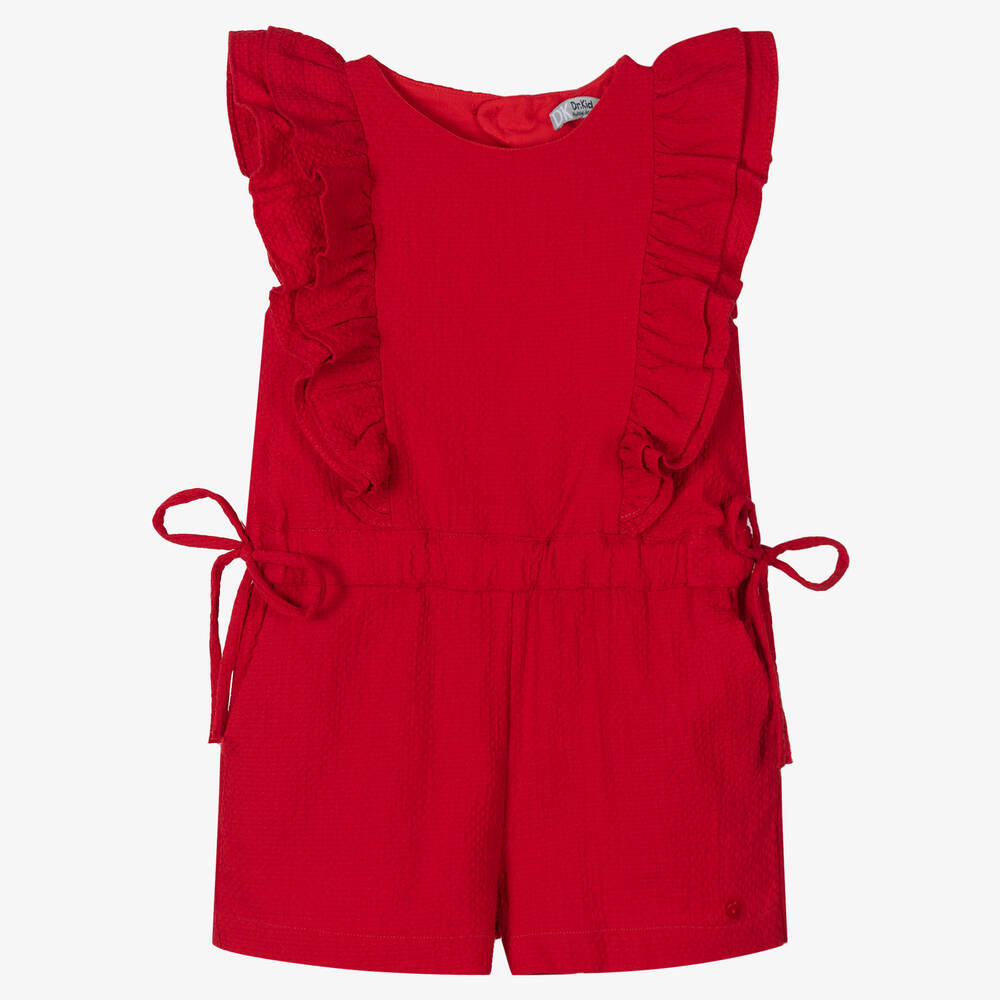 Dr. Kid - Girls Red Cotton Frilled Playsuit | Childrensalon