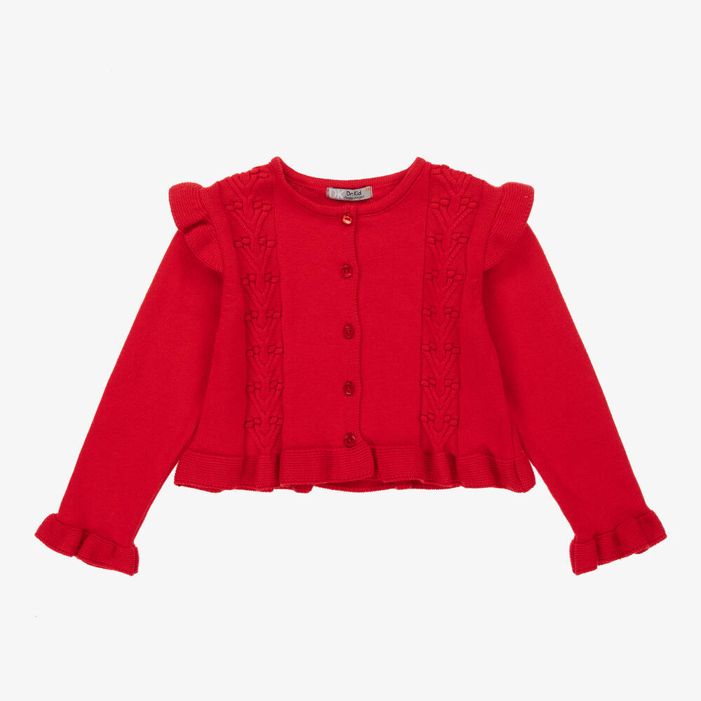 Dr. Kid - Girls Red Cotton & Wool Ruffle Cardigan | Childrensalon