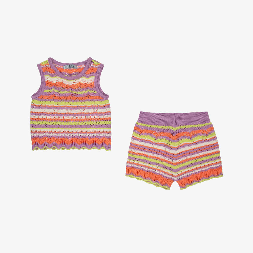 Dr. Kid-Комплект фиолетовых вязаных шорт в полоску для девочек | Childrensalon Outlet