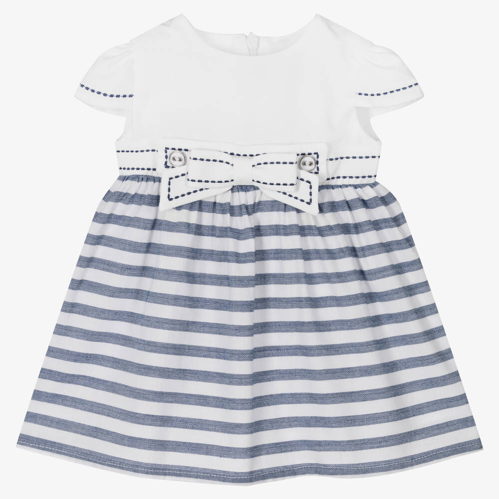 Dr. Kid - Girls White & Blue Striped Cotton Dress | Childrensalon