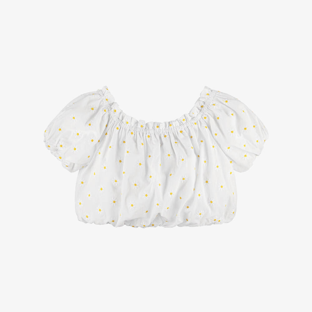 Dr. Kid-Girls White Cotton Blouse with Embroidered Daisies | Childrensalon Outlet