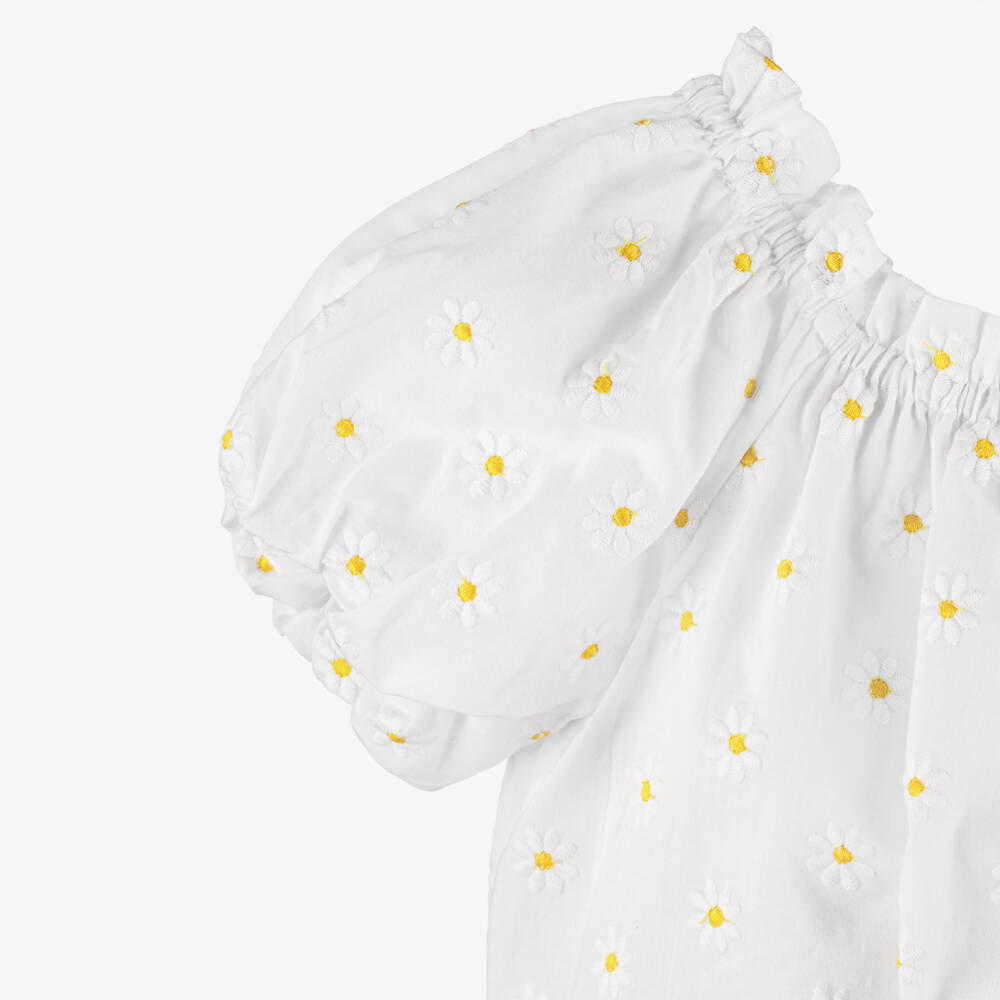 Dr. Kid-Girls White Cotton Blouse with Embroidered Daisies | Childrensalon Outlet
