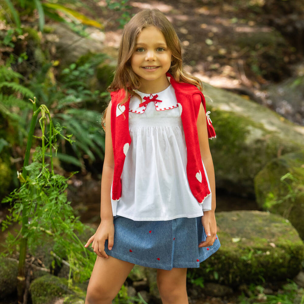 Dr. Kid-Girls White Cotton Blouse with Red Heart Embroidery | Childrensalon Outlet
