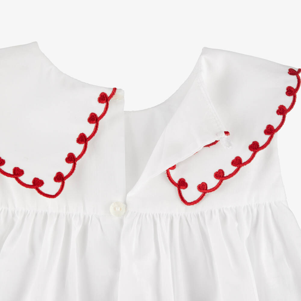Dr. Kid-Girls White Cotton Blouse with Red Heart Embroidery | Childrensalon Outlet