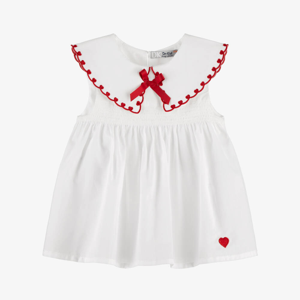 Dr. Kid-Girls White Cotton Blouse with Red Heart Embroidery | Childrensalon Outlet