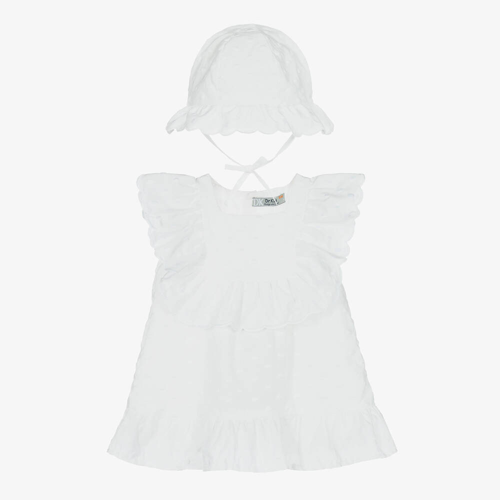 Dr. Kid - Girls White Cotton Dress & Hat Set | Childrensalon