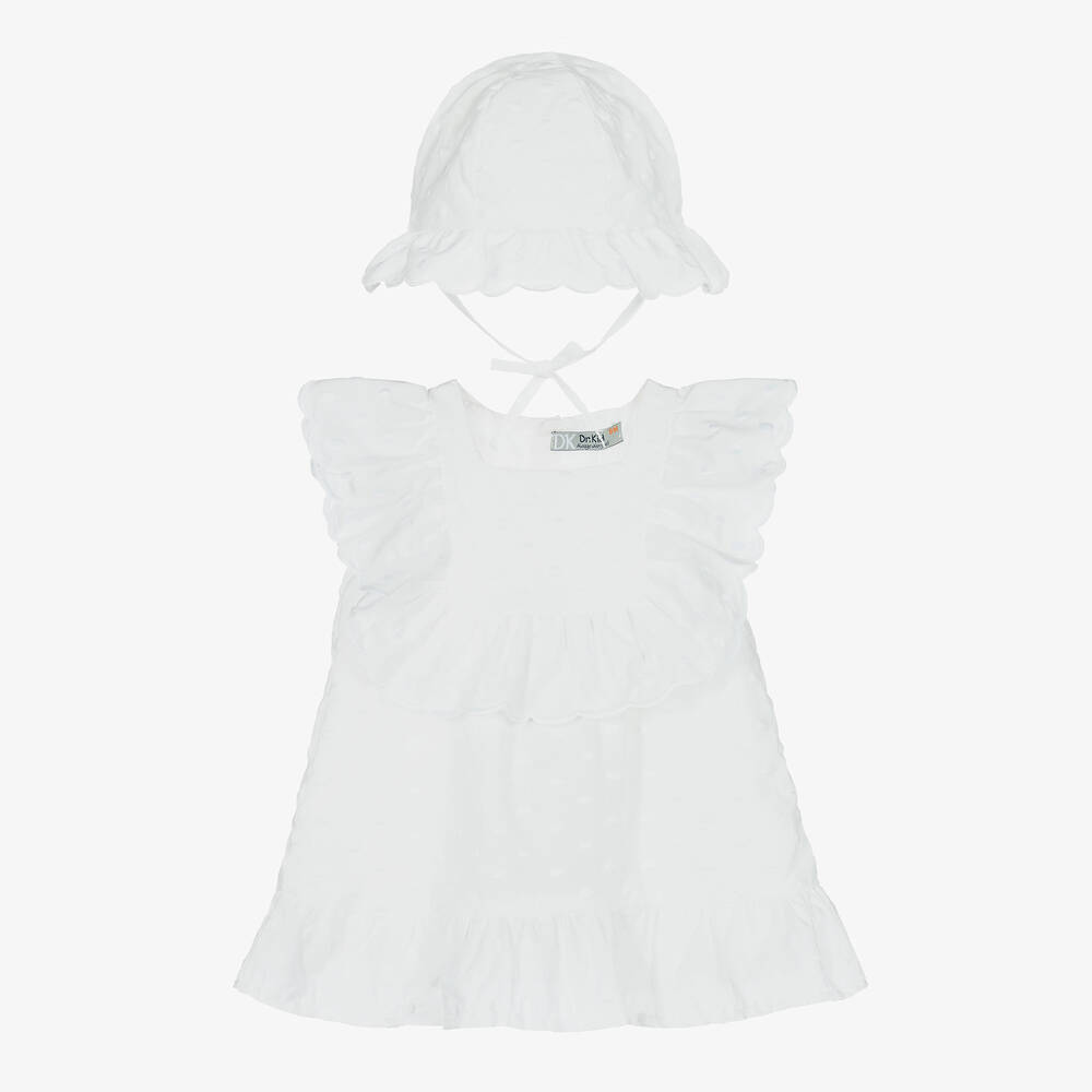 Dr. Kid-Girls White Cotton Dress & Hat Set | Childrensalon Outlet