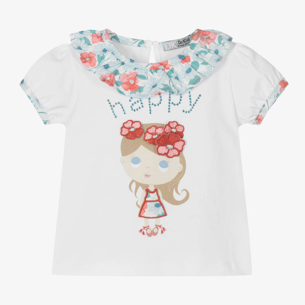 Dr. Kid - Girls White Cotton Floral T-Shirt  | Childrensalon