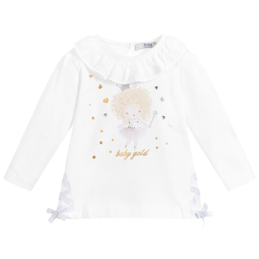 Dr. Kid - Girls White Cotton Jersey Top | Childrensalon