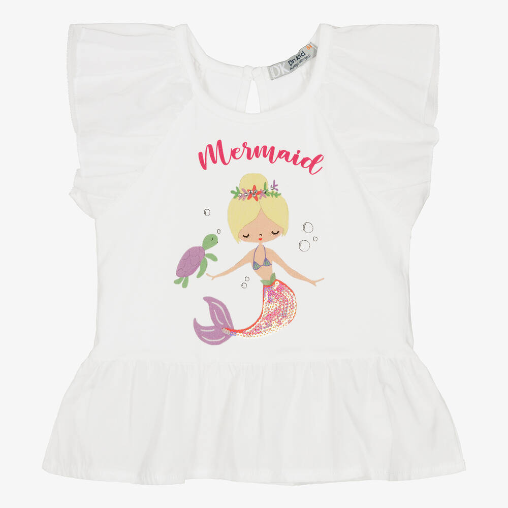 Dr. Kid-Girls White Cotton Mermaid T-Shirt | Childrensalon Outlet