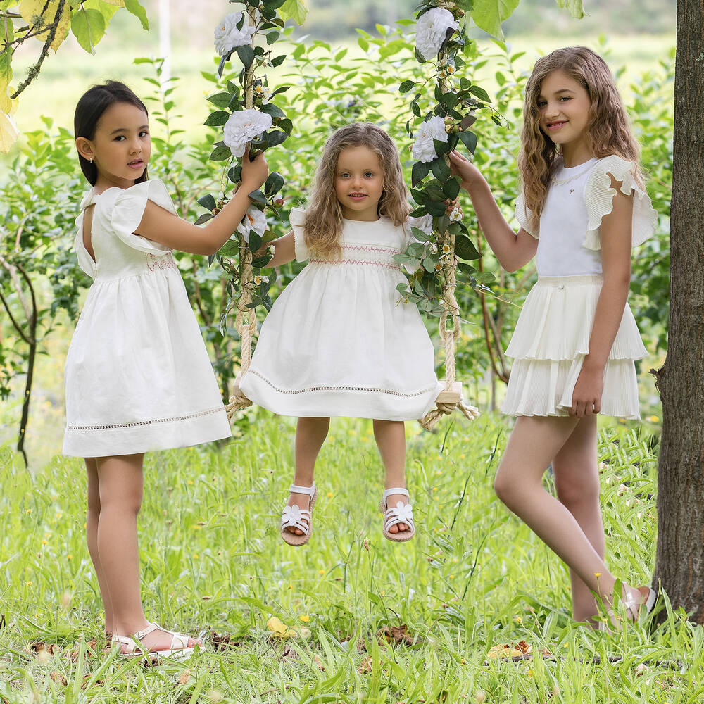 Dr. Kid-Girls White Cotton Pleated Sleeves T-Shirt | Childrensalon Outlet