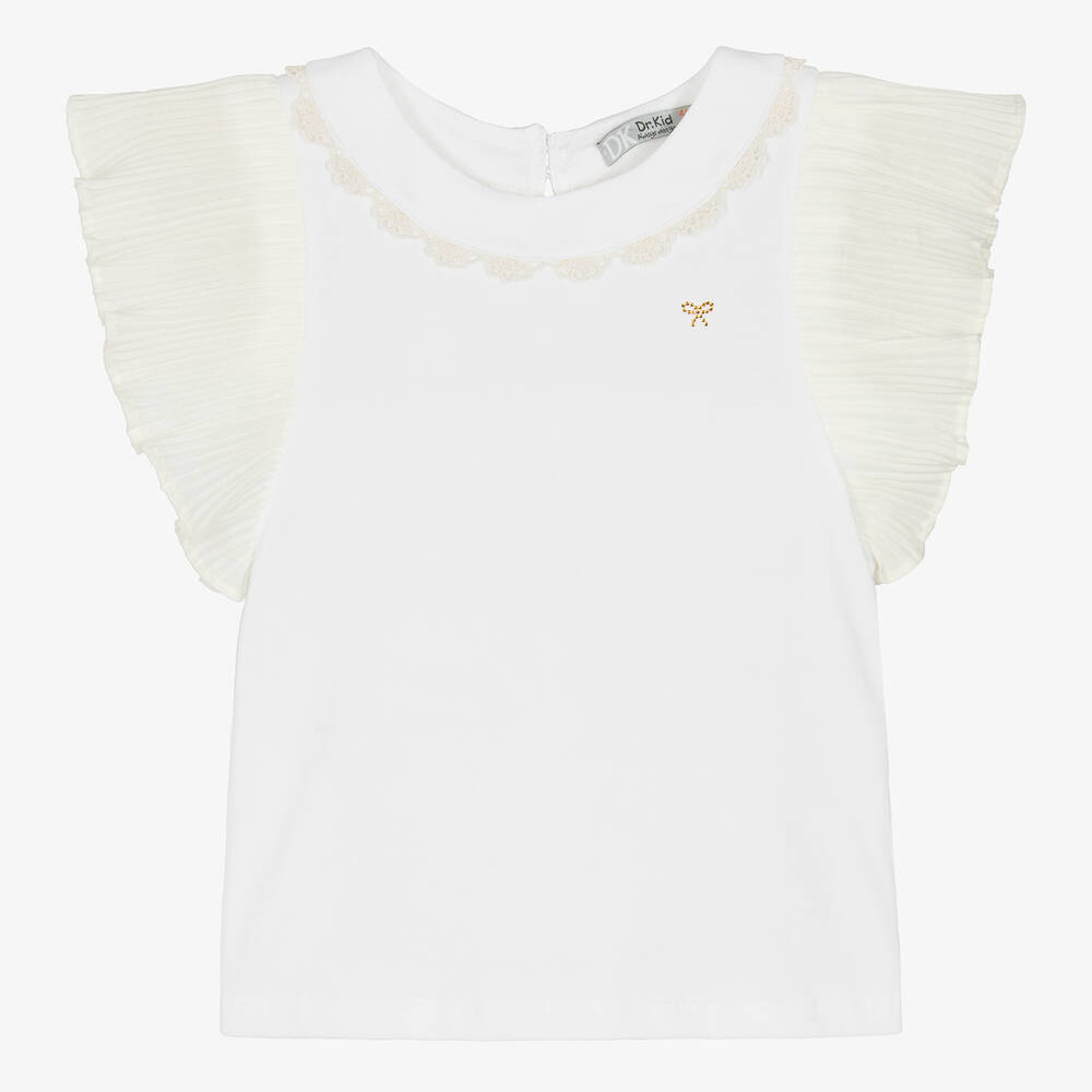 Dr. Kid-Girls White Cotton Pleated Sleeves T-Shirt | Childrensalon Outlet