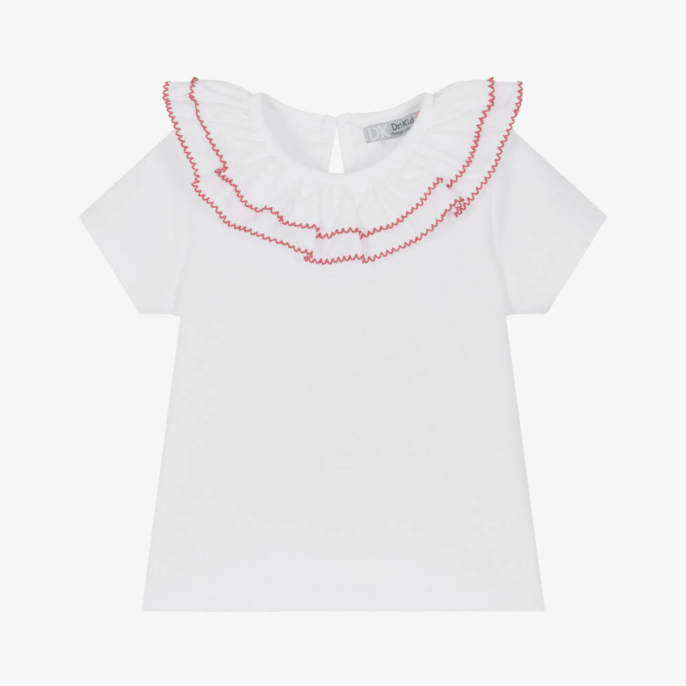 Dr. Kid-Girls White Cotton T-Shirt with Ruffle Collar | Childrensalon Outlet