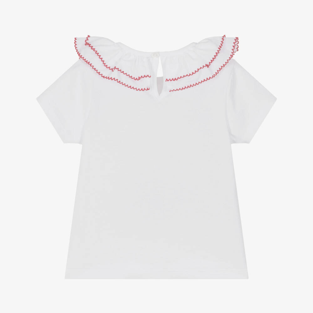 Dr. Kid-Girls White Cotton T-Shirt with Ruffle Collar | Childrensalon Outlet