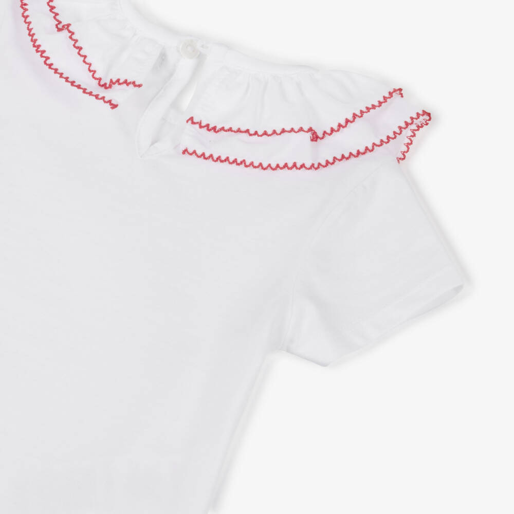 Dr. Kid-Girls White Cotton T-Shirt with Ruffle Collar | Childrensalon Outlet