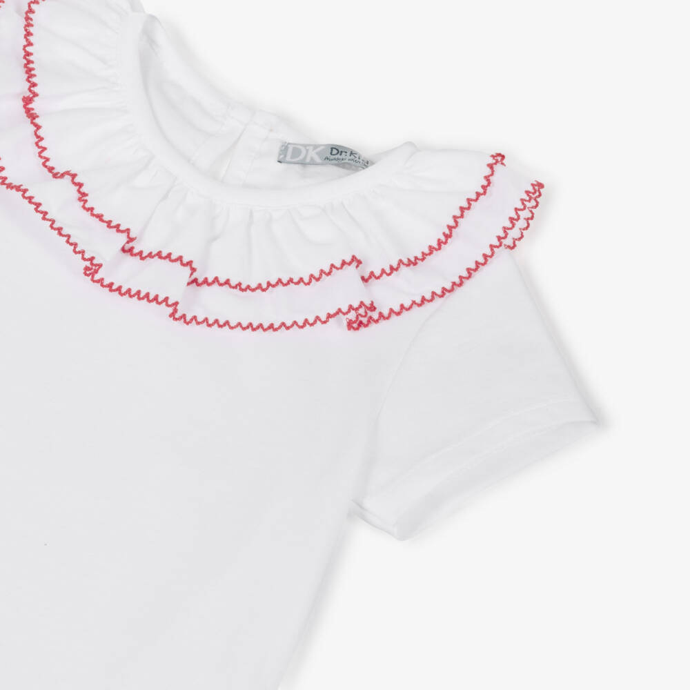 Dr. Kid-Girls White Cotton T-Shirt with Ruffle Collar | Childrensalon Outlet