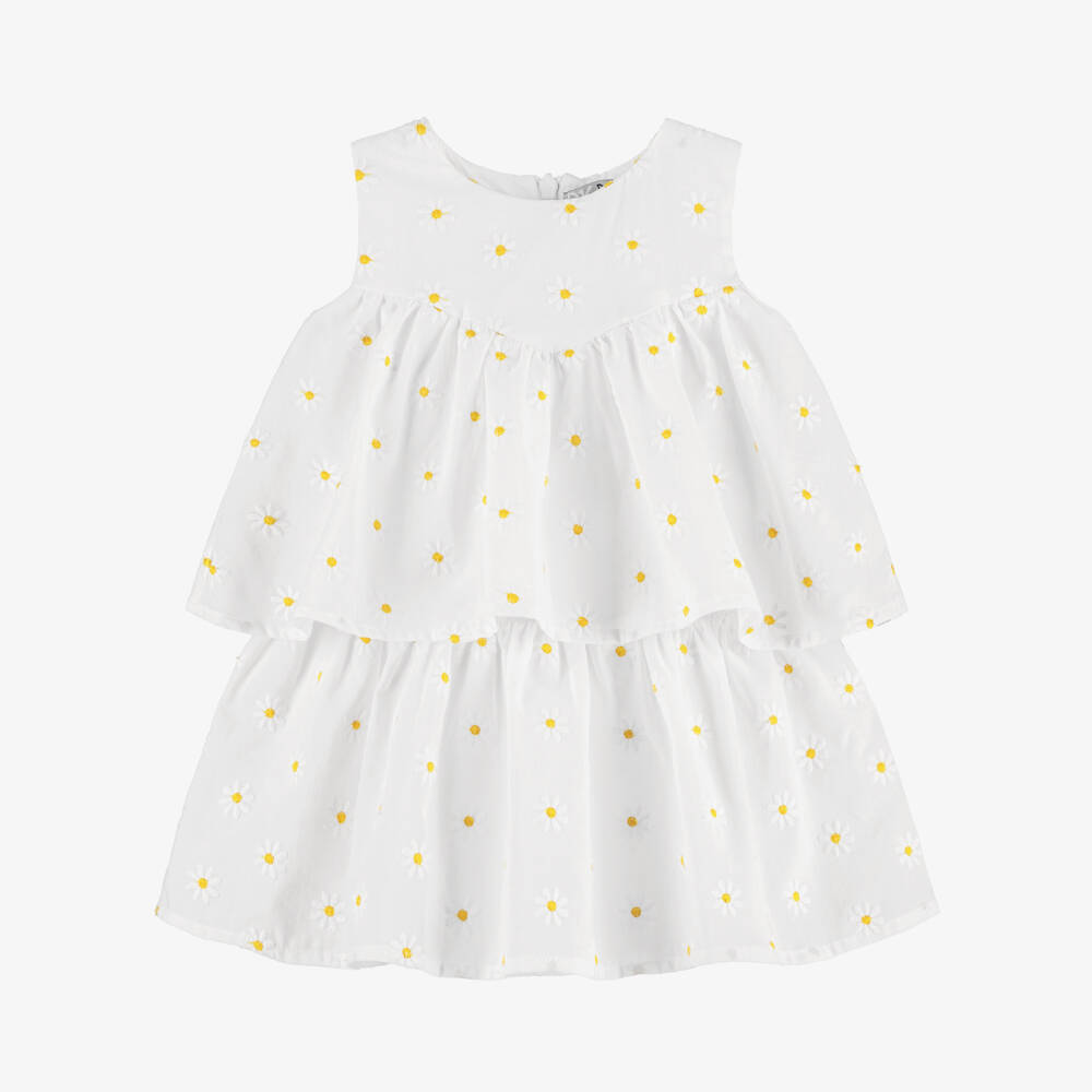 Dr. Kid-Girls White Cotton Tiered Dress with Daisy Embroidery | Childrensalon Outlet