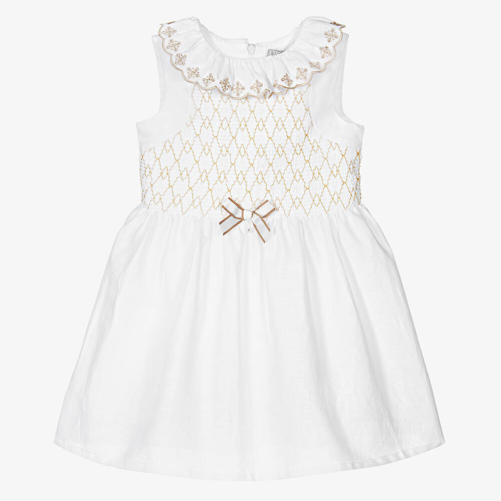 Dr. Kid - Robe blanche smockée en lin fille | Childrensalon