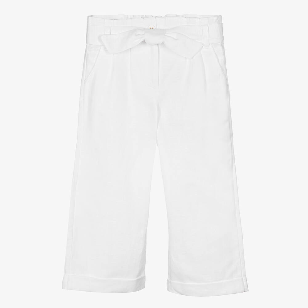 Girls White Linen Wide Leg Trousers