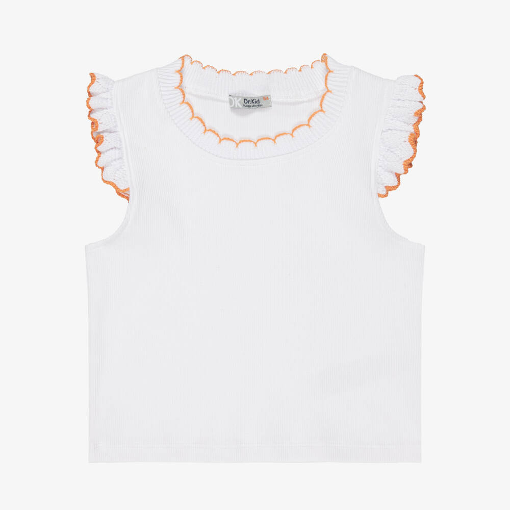 Dr. Kid-Girls White Ribbed Cotton Top with Knitted Ruffles | Childrensalon Outlet