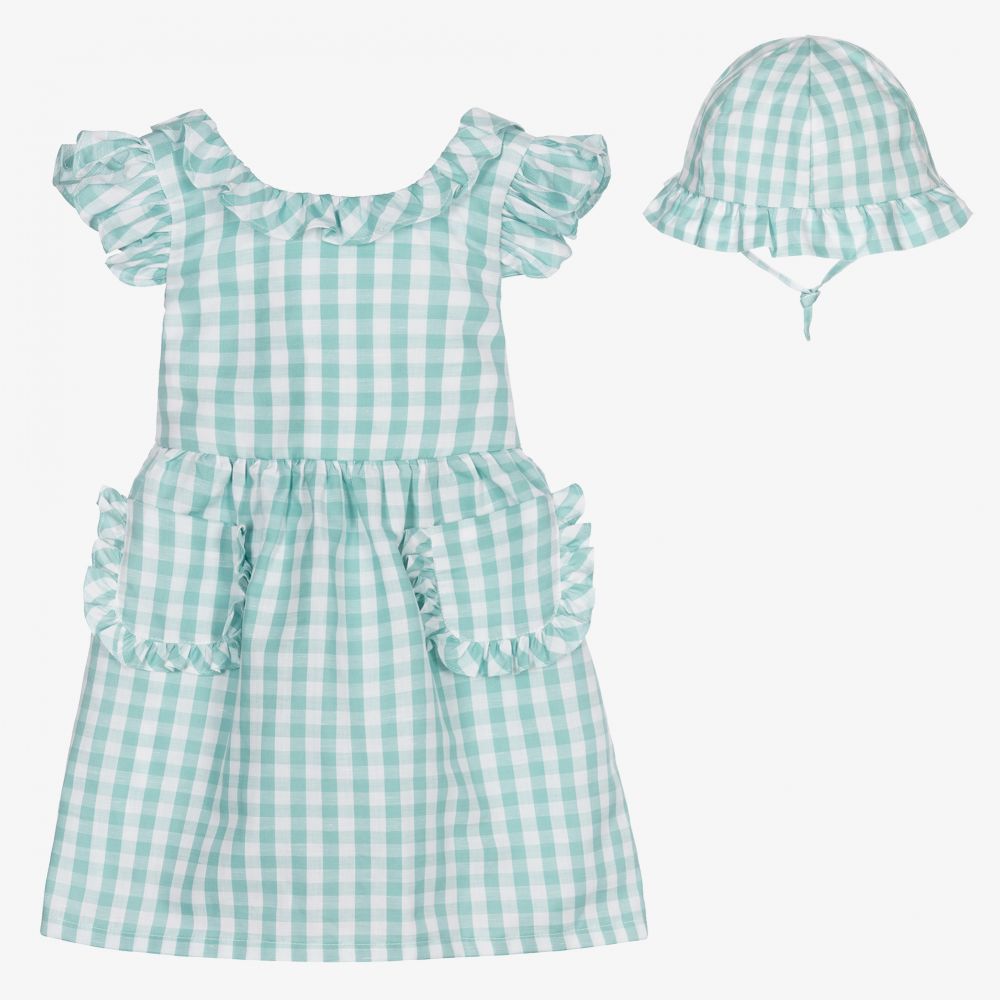 Dr. Kid-فستان مزيج قطن وكتان كاروهات لون أخضر وأبيض | Childrensalon Outlet