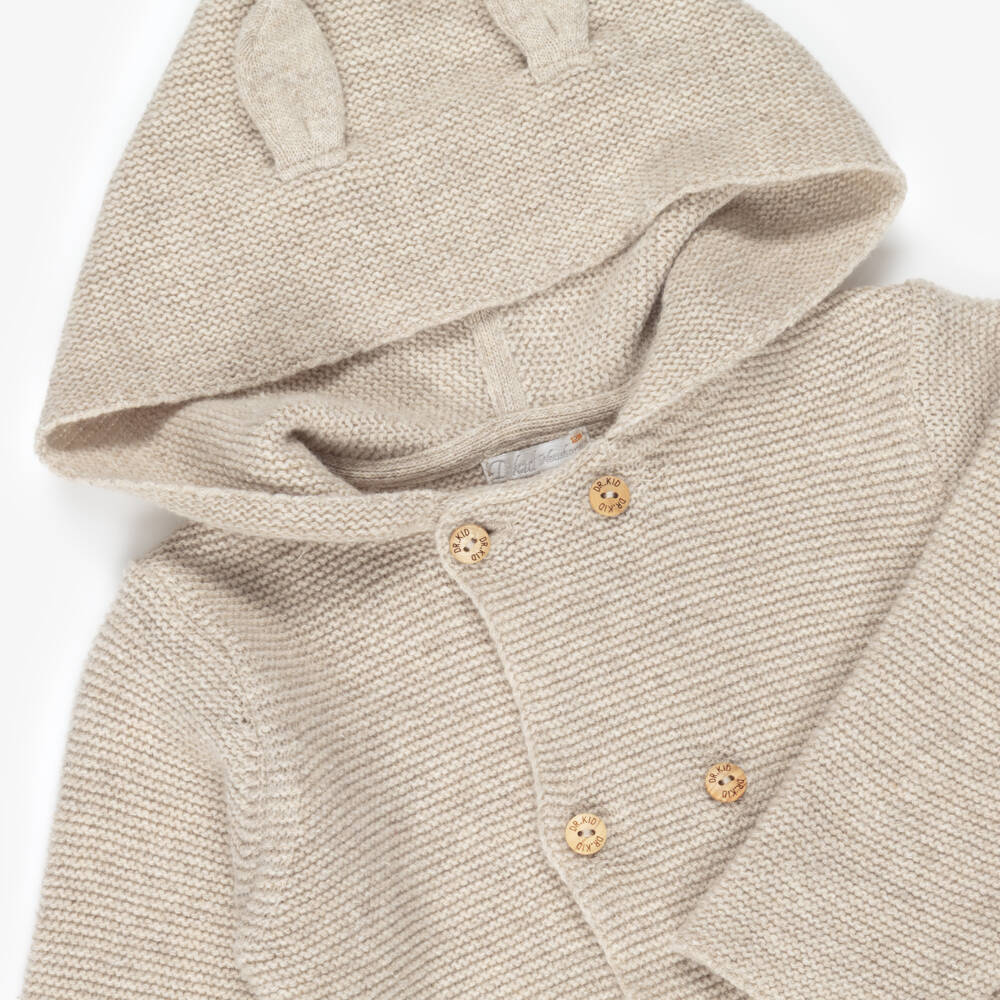 Dr. Kid-Hooded Beige Knitted Pram Coat with Ears | Childrensalon Outlet
