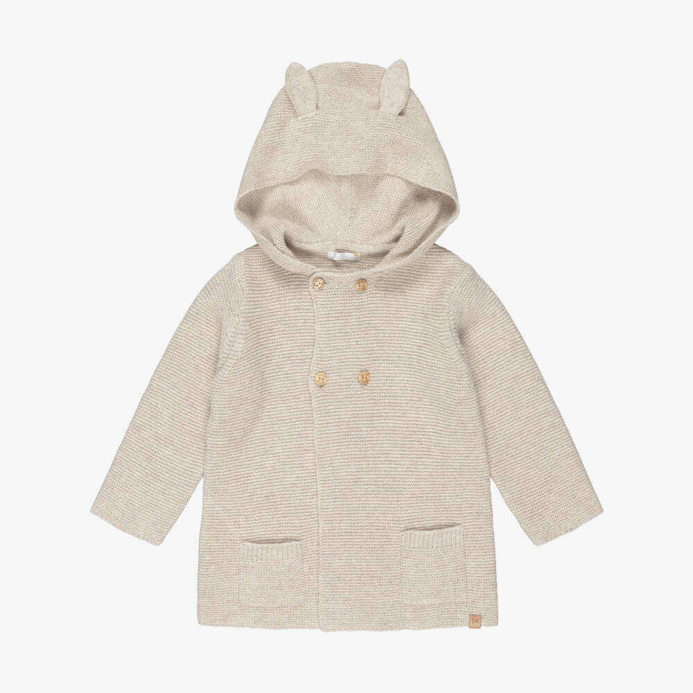 Dr. Kid-Hooded Beige Knitted Pram Coat with Ears | Childrensalon Outlet