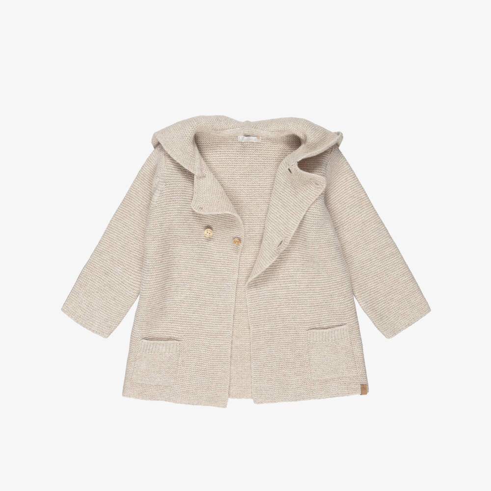Dr. Kid-Hooded Beige Knitted Pram Coat with Ears | Childrensalon Outlet