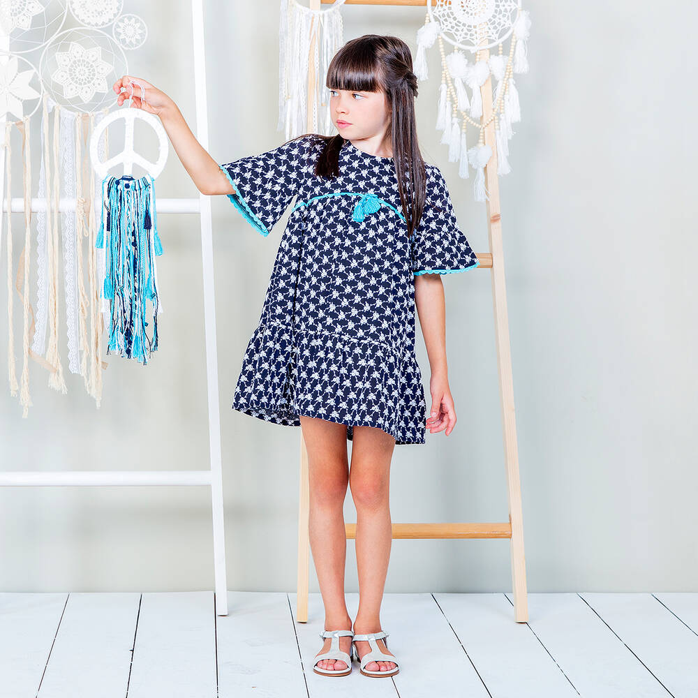 Dr. Kid-فستان قطن مطرز لون كحلي وأبيض | Childrensalon Outlet