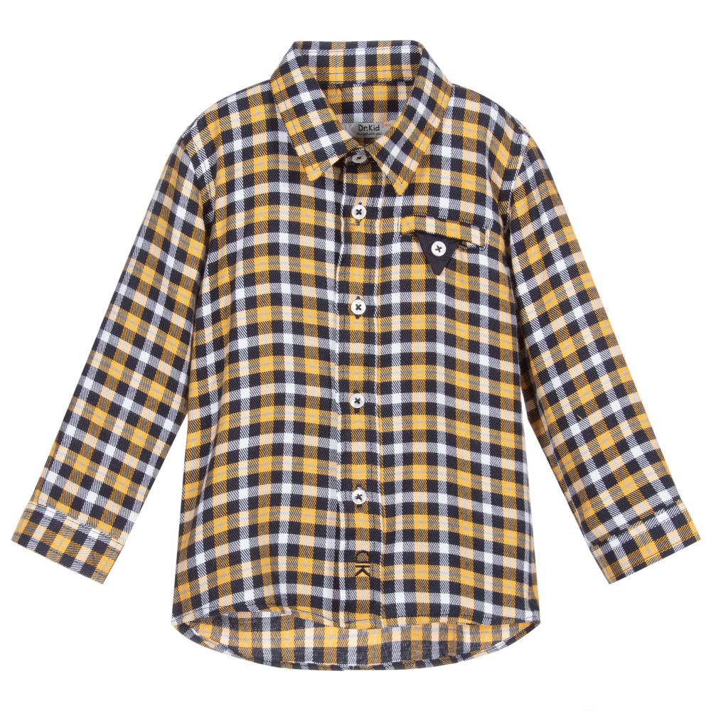 Dr. Kid - قميص مزيج قطن كاروهات لون أصفر، أسود وأبيض | Childrensalon