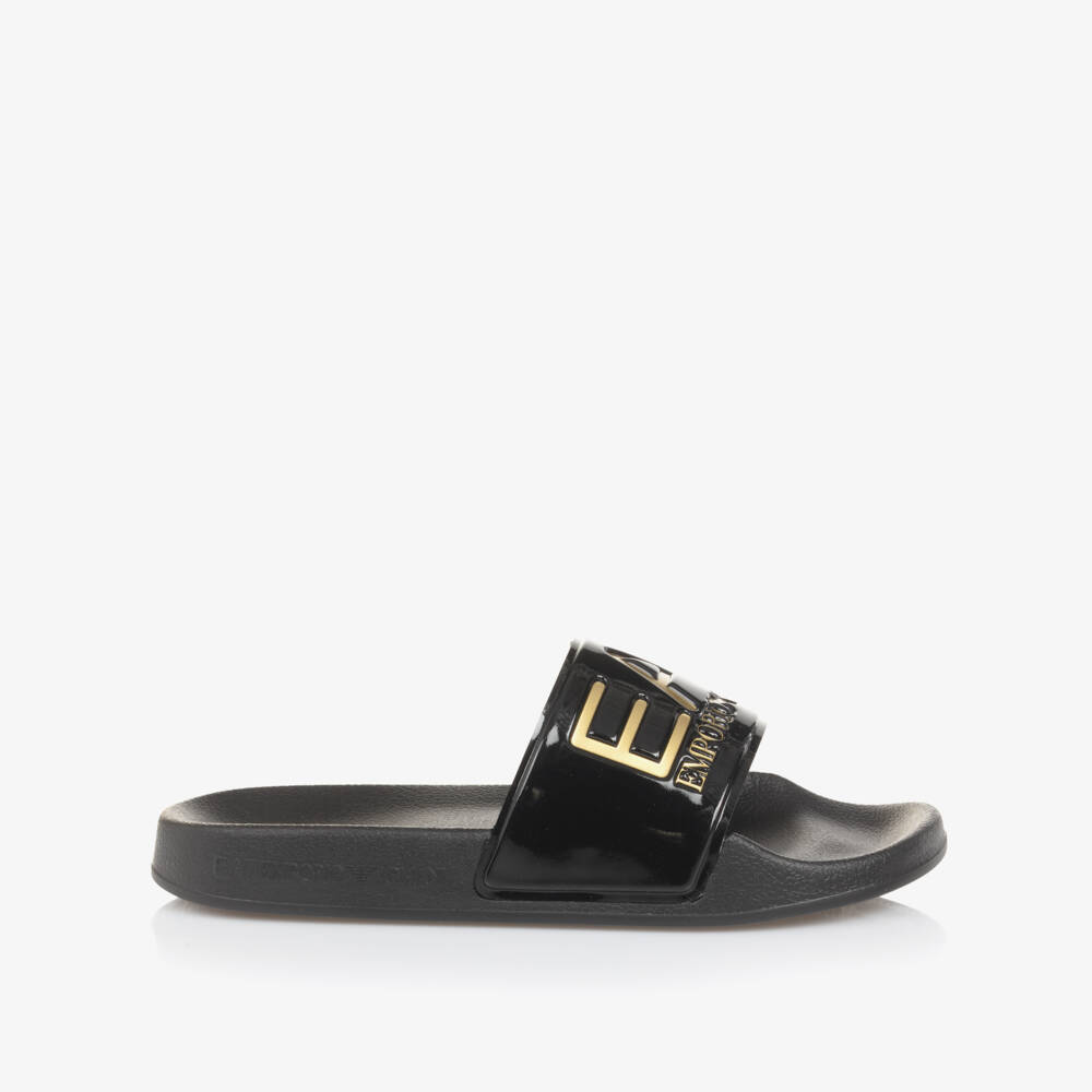 EA7 Emporio Armani-Black Gold Logo Slip-On Sliders | Childrensalon Outlet