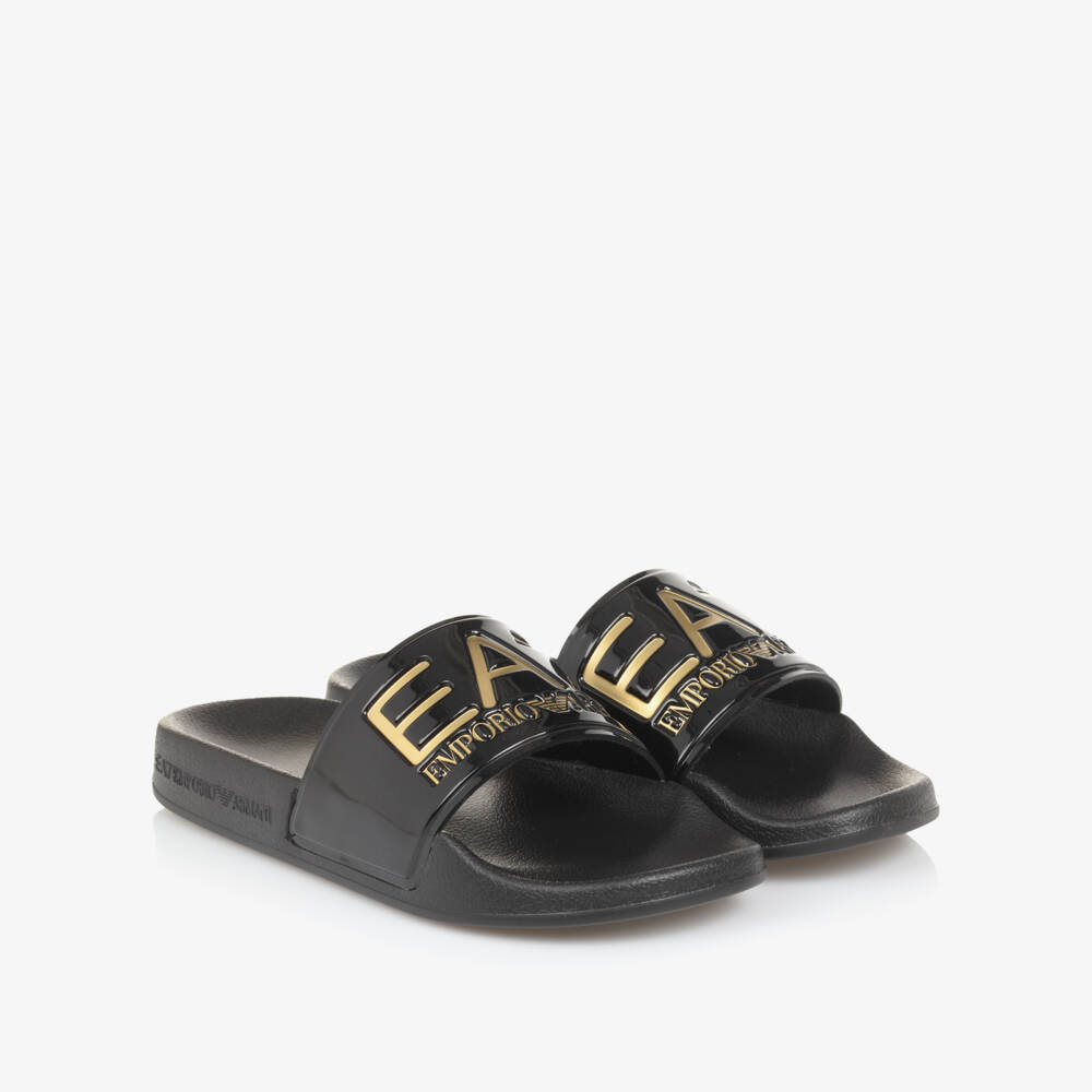 EA7 Emporio Armani-Black Gold Logo Slip-On Sliders | Childrensalon Outlet