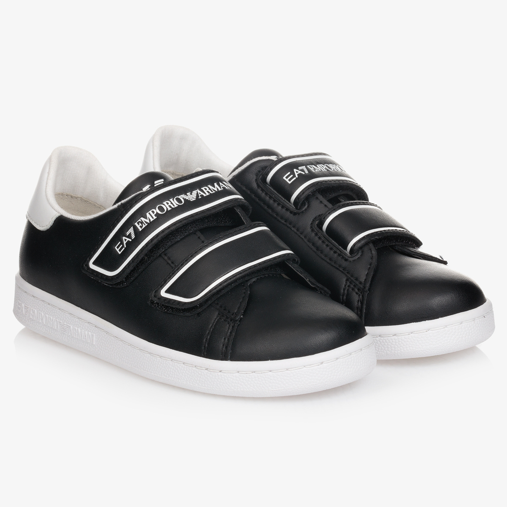 EA7 Emporio Armani Black Leather Velcro Trainers Childrensalon Outlet