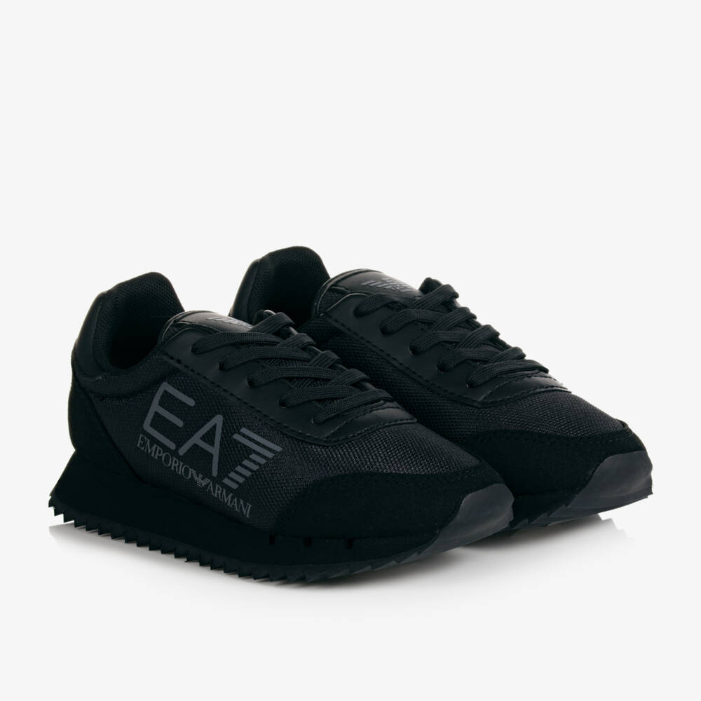 EA7 Emporio Armani-Black Mesh & Faux Leather Trainers | Childrensalon Outlet